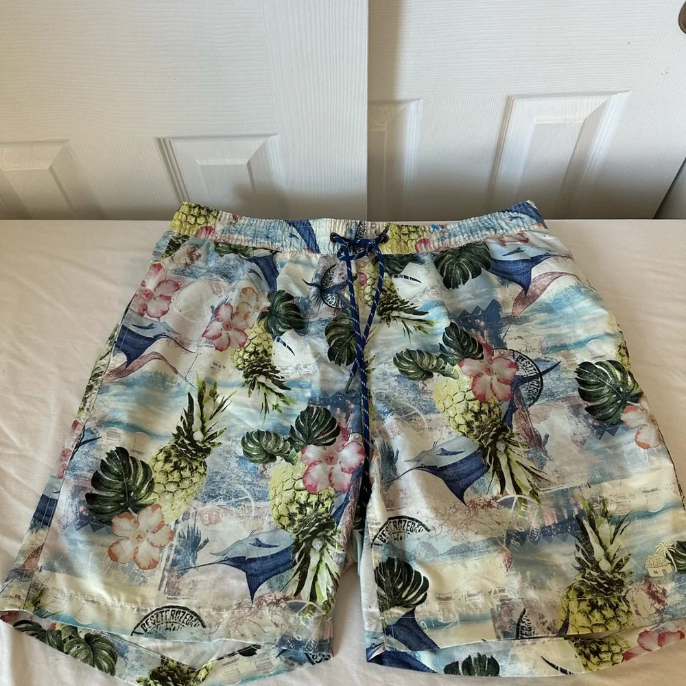 Men's Tropical Pineapple Print Swim Trunks - Light Blue L size